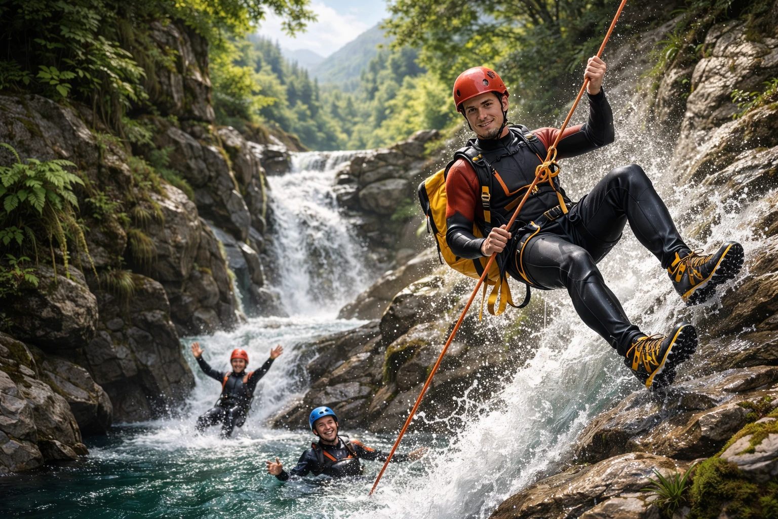 Canyoning dans le Vercors : descente en rappel sur une cascade, eau turquoise et canyon rocheux en arrière-plan